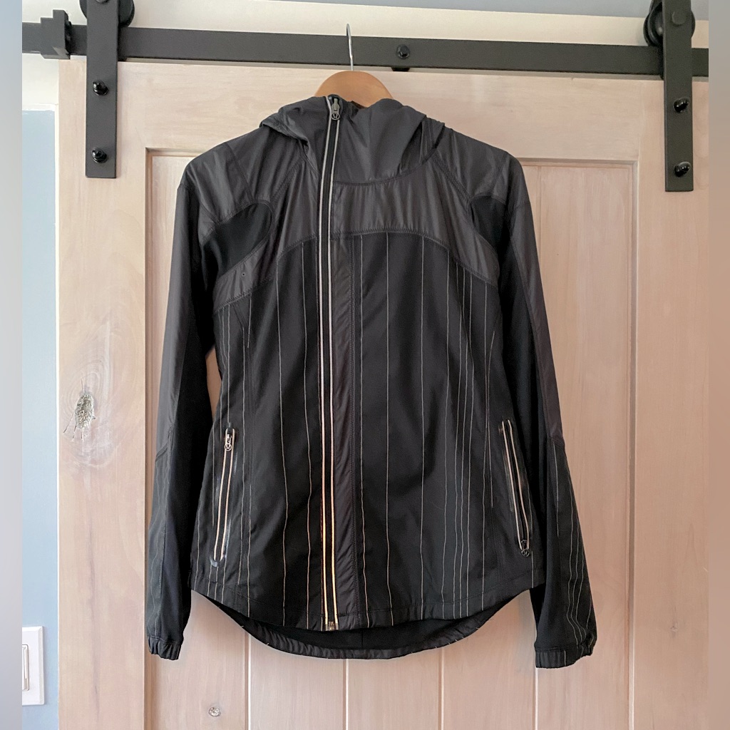 Lululemon Black And White Striped Running Jacket With Hood.